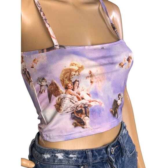 Womens Angel Print Crop Top Small Lavender Cherubcore Y2K Ethereal Romantic - Picture 1 of 6